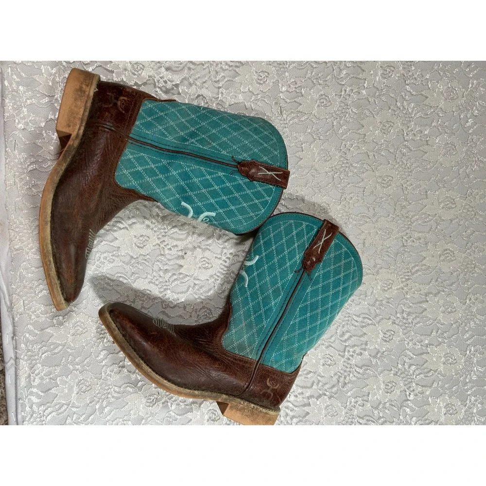 Twisted X Hooey Boot Brown Leather Teal Western Boots Kids 5 Rodeo Equestrian